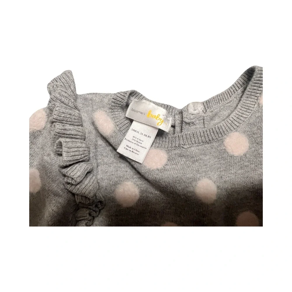 Bloomies Baby Girls Gray Pink Polka Dot‎ Ruffle Shoulder Knit Sweater 24M